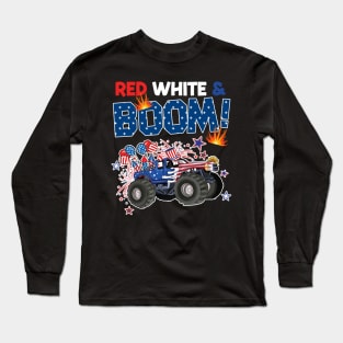 4th of July Monster Truck America Red White and Boom Gift For Boys Kids Long Sleeve T-Shirt